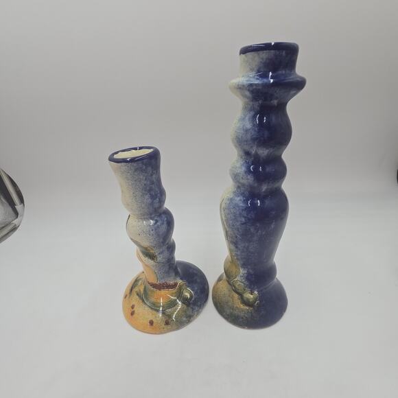 Vintage Mexican Talavera Handpainted Fruit Candlesticks Set of 2 Signed - Picture 2 of 8